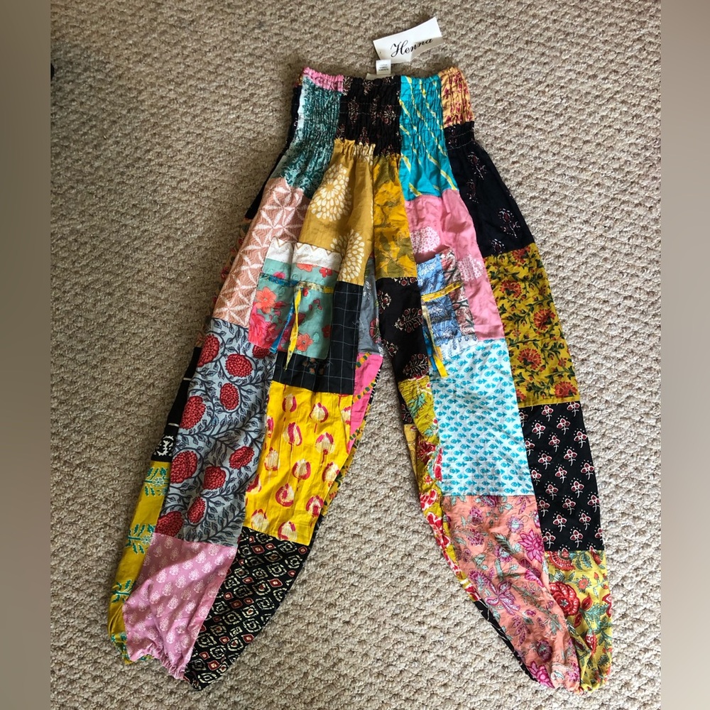 Patchwork pants, “One size fits all” but they’re on the smaller side